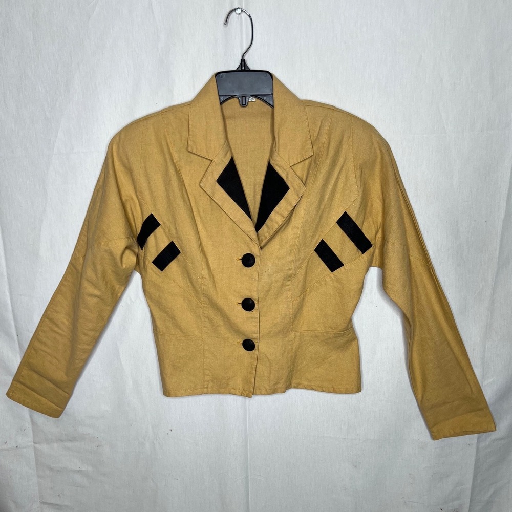 Vintage Nok Nok Mustard Yellow Cropped Blazer Ramie Cotton Punk 80s Jacket 7 - Picture 2 of 7